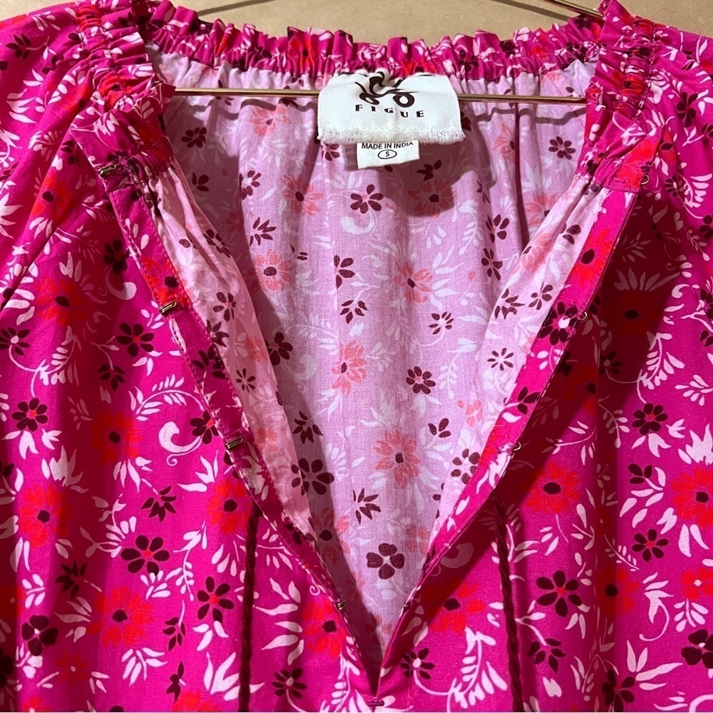 Figue | Bella Dress Tiered Popover Mini Dress Smocked Sleeve Pink Floral Size S - Picture 6 of 15